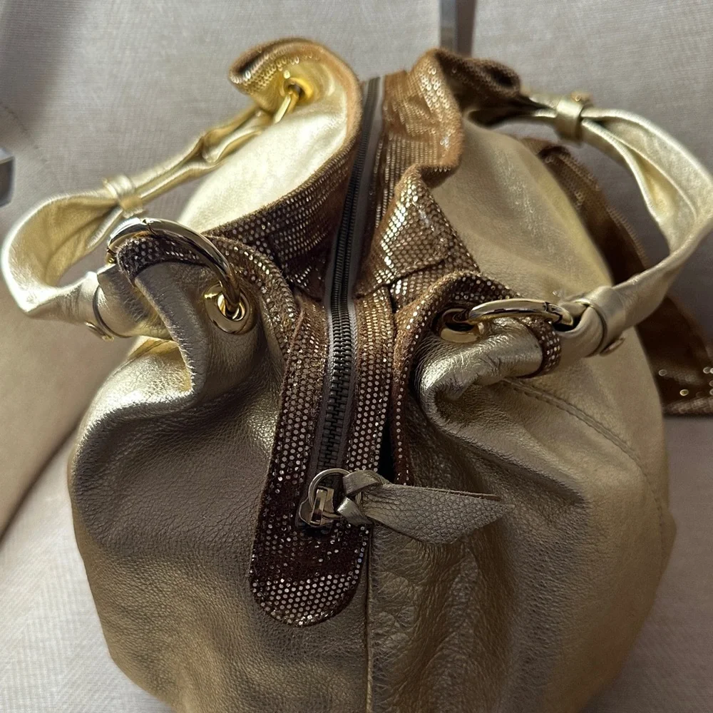 Sofia C. Luxurious Gold Shoulder Leather Bag with Leather Bag Charm